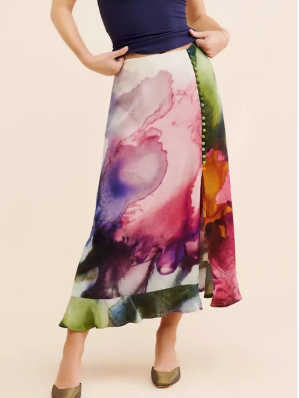 Anthropologie Midi Floral Silky Skirt size M